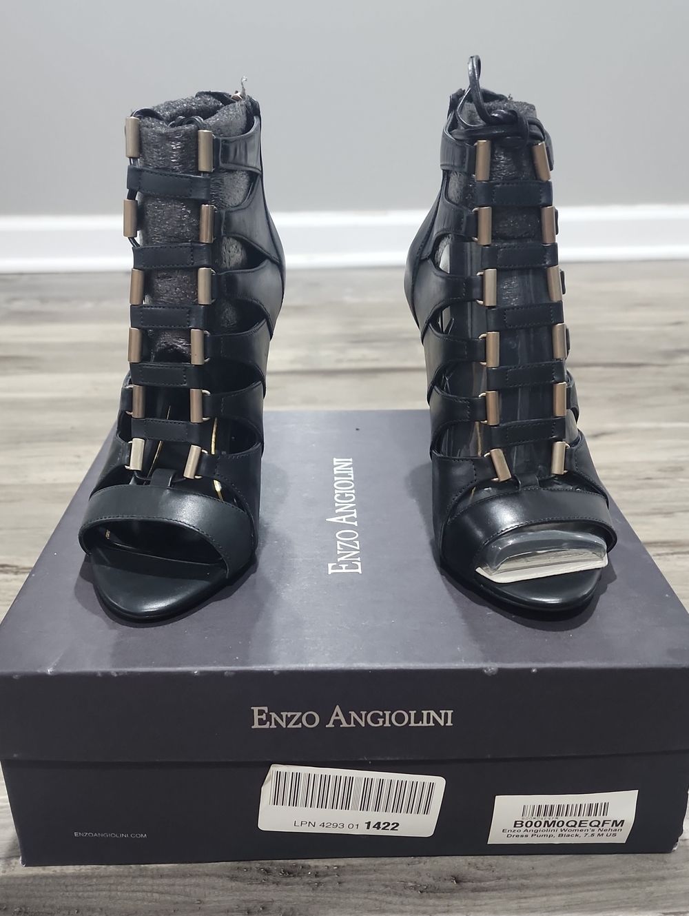 Enzo Angiolini Black Strappy Cage Heels with Metallic Accents